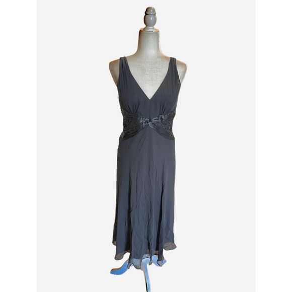 Y2K black strapless silk beaded lace flowy black midi dress - Picture 1 of 8